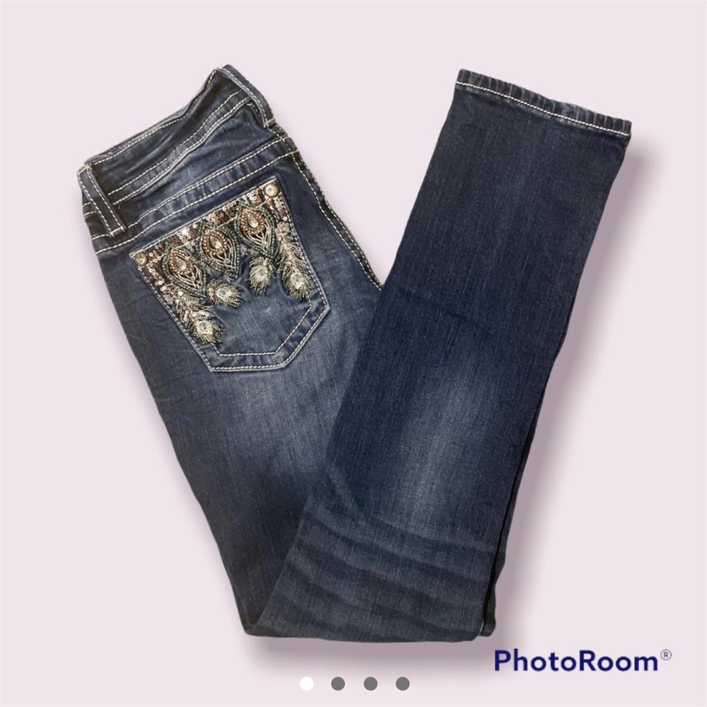Miss Me Peacock Feathers Embellished Mid Rise Straight Jeans